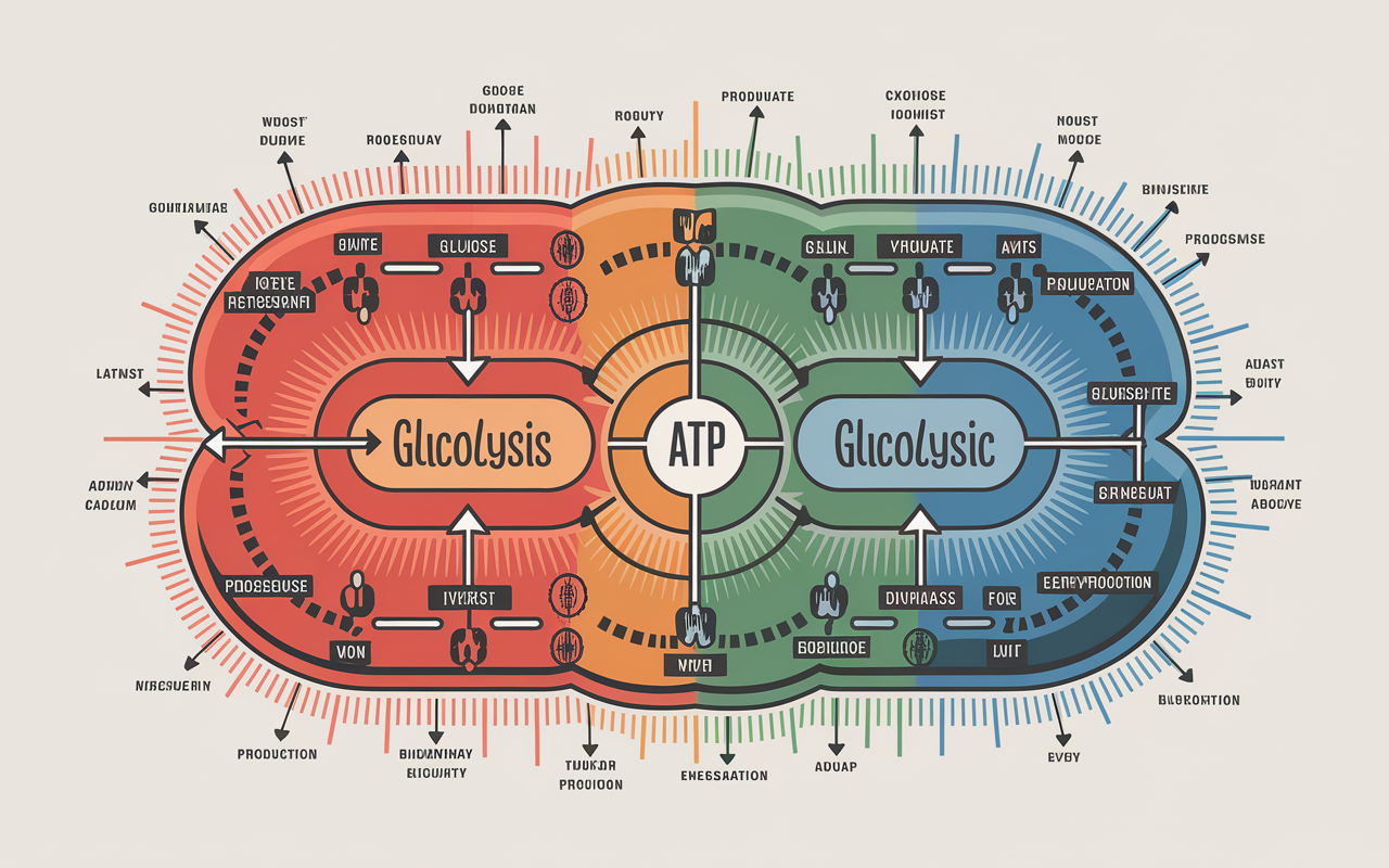 A detailed and colorful diagram of the Glycolysis pathway, showing each step with arrows and labels for glucose, pyruvate, and ATP production, set against a white backdrop. The illustration radiates a dynamic and energetic biochemical process.