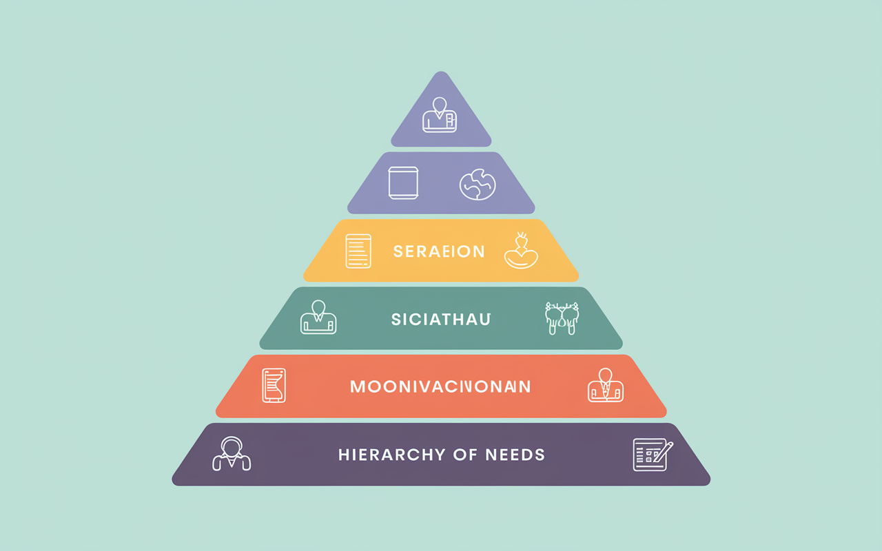 An illustrative pyramid model depicting Maslow’s Hierarchy of Needs, with distinct layers labeled with colorful icons representing each need, set against a calm pastel background. The illustration conveys a sense of motivational progression.