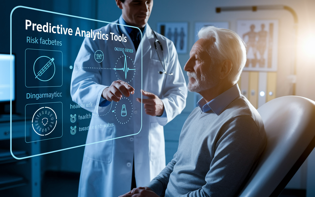 An elderly patient in a modern medical examination room, with a doctor pointing to a digital screen displaying predictive analytics tools. The screen shows an algorithm identifying risk factors for diabetes, highlighted alongside the patient's health history and test results. The room is bathed in warm light, creating a calm and reassuring atmosphere, with medical charts and equipment in the background suggesting an advanced healthcare environment.