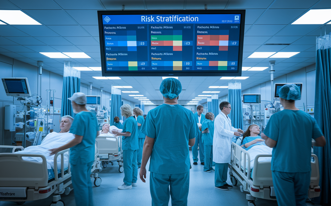 A busy hospital ward, where a healthcare worker is examining a digital dashboard displaying risk stratification metrics for patients on a large screen. The environment is lively with staff attending to various patients. The dashboard features color-coded risk levels of patients based on predictive analytics, highlighting those flagged for intensive monitoring. The scene is well-lit, capturing the urgency and efficiency of modern healthcare in action.