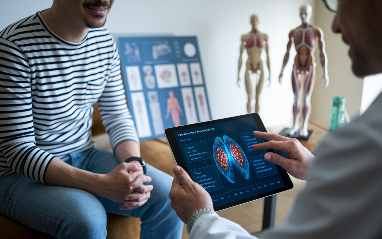 A patient sitting in a consultation room discussing treatment options with a doctor, who is reviewing a tablet showing a detailed personalized treatment plan based on predictive analytics. The scene is intimate and warm, showcasing the doctor explaining data-driven choices, with anatomical models and charts in the background to signify a tailored approach to medicine.