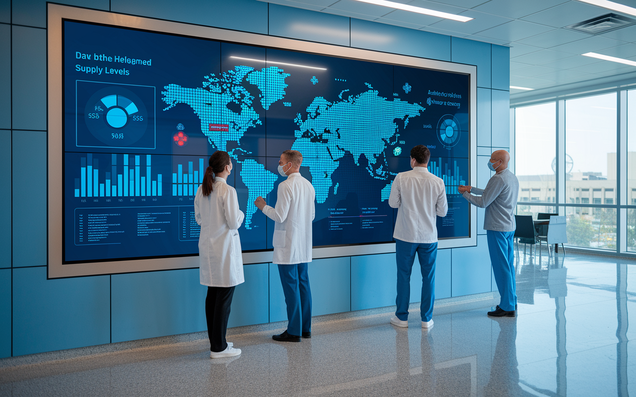 A hospital's administrative area with staff members strategizing around a digital map that displays patient flow and resource allocation analytics during flu season. The screen visualizes data trends helping manage staff and supply levels, with an organized environment reflecting the integration of efficient predictive analytics applications in healthcare logistics.