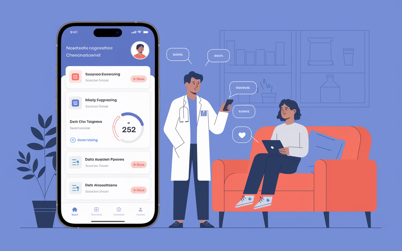 A healthcare app interface displayed on a smartphone with various personalized health insights and recommendations tailored to the patient. The screen shows notifications for upcoming check-ups and data analytics showing patient progress, set against a backdrop of a comfortable home environment, illustrating patient empowerment through technology.