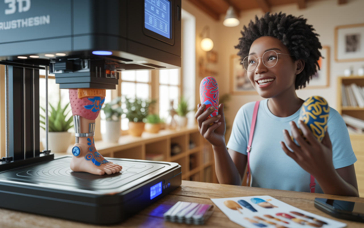 A close-up view of a 3D printer producing a custom prosthetic limb, showcasing intricate details and vibrant colors. Nearby, a patient samples different prosthetic covers with unique designs, expressing joy and relief. The background is a warm, inviting rehabilitation clinic filled with natural light, evoking a sense of hope and personalization in medical care.