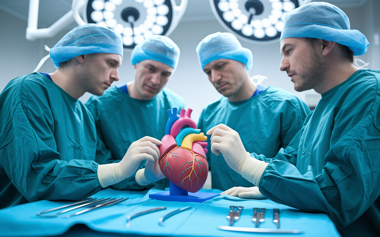 A team of surgeons in a bright operating room, gathered around a detailed 3D-printed anatomical model of a human heart. They are discussing surgical strategies, with expressions of concentration and collaboration. The model is vividly colored and accurate, displayed on a surgical tray with real instruments in the background, symbolizing innovation in medical practice.