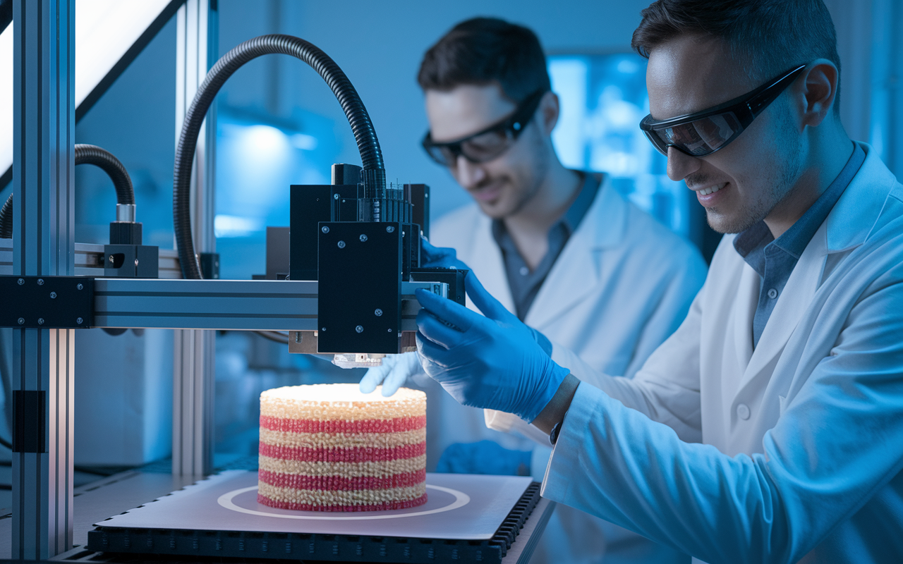 A laboratory setting with scientists operating a high-tech bioprinter, creating layers of living cells to form tissue structures. The intricate bio-inks and the 3D-printed tissues are visible under soft lab lighting, creating an atmosphere of advanced biomedical research. Expressions of determination and excitement on the scientists' faces empower the concept of groundbreaking regenerative medicine.