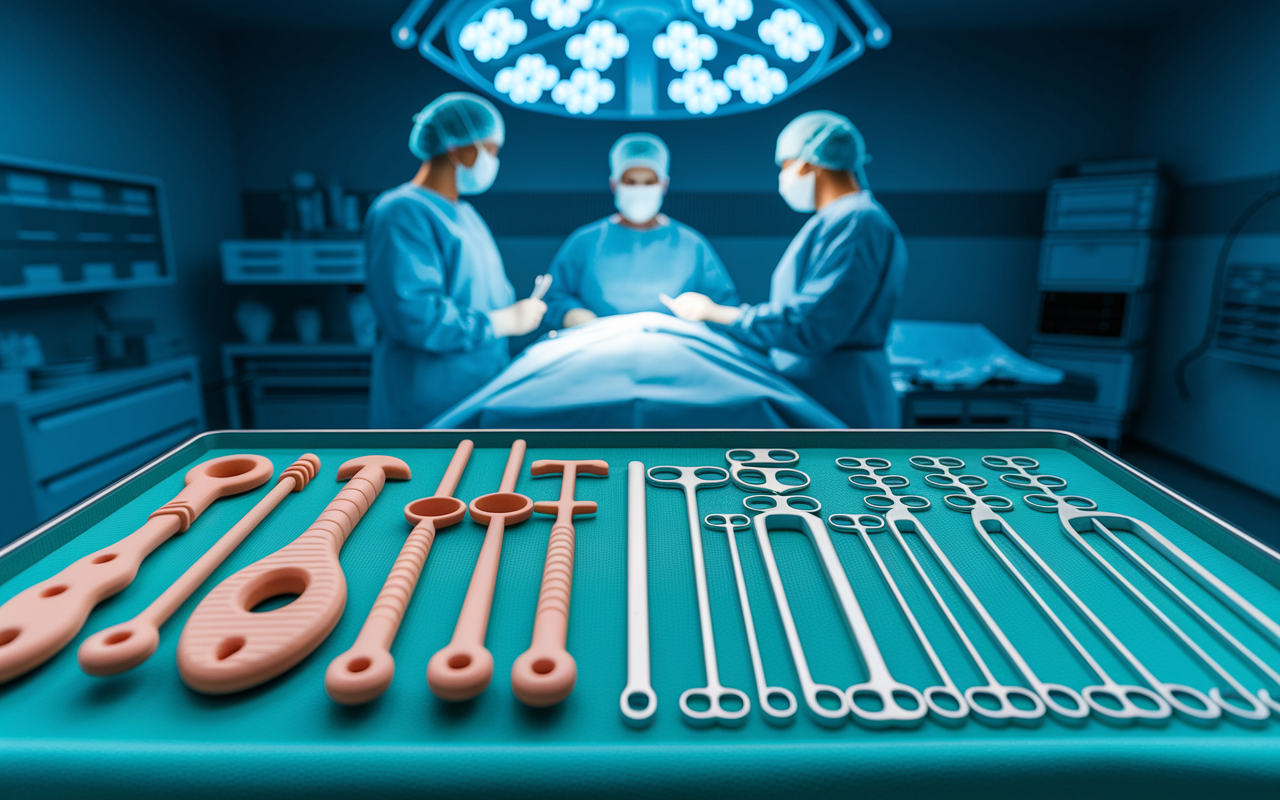 An array of customized 3D-printed surgical instruments laid out on a sterile surgical tray. The tools display unique shapes and ergonomic designs specifically tailored for various procedures. A surgical team prepares for an operation in the background, illuminating the practical application of 3D technology in enhancing surgical efficiency and precision.