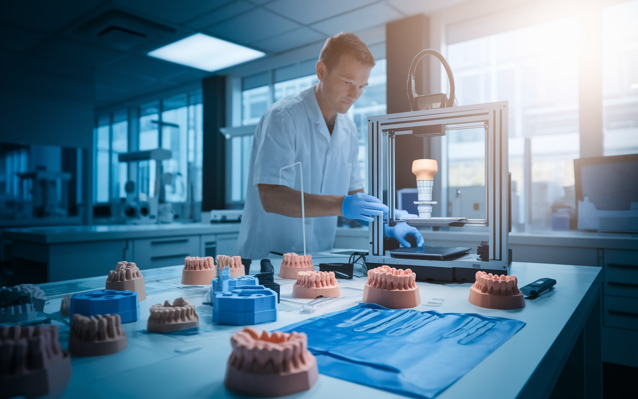 A dental laboratory brightened with natural light, showcasing a technician working on a 3D printer producing custom dental implants. The table is covered with digital scans, dental molds, and completed products, highlighting the modern advancements enhancing dental care. The atmosphere conveys a strong sense of precision and patient-centered design.