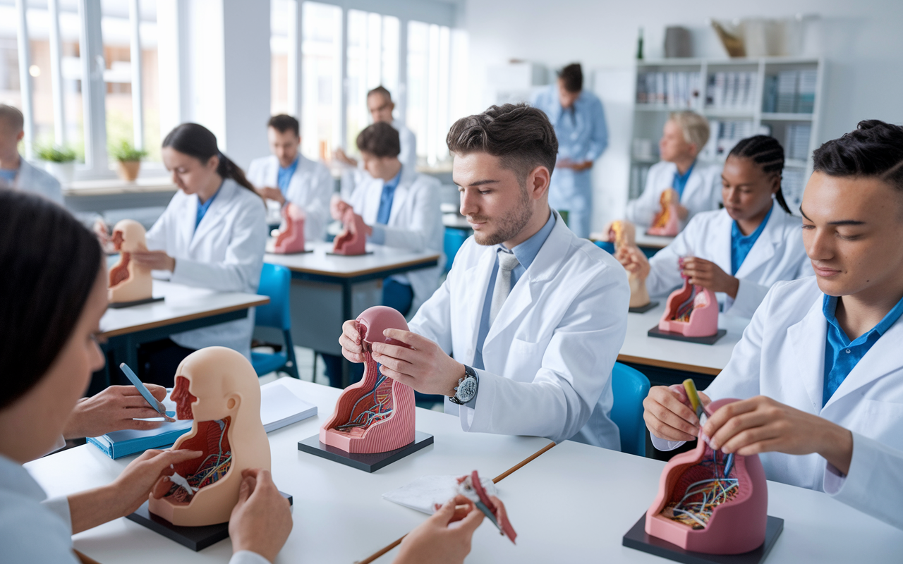 A classroom filled with medical students dissecting 3D-printed anatomical models. The room is lively with discussions and hands-on learning, showcasing realistic replicas of human organs and systems. The atmosphere is filled with enthusiasm and curiosity, emphasizing the importance of advanced educational tools in shaping future healthcare professionals.