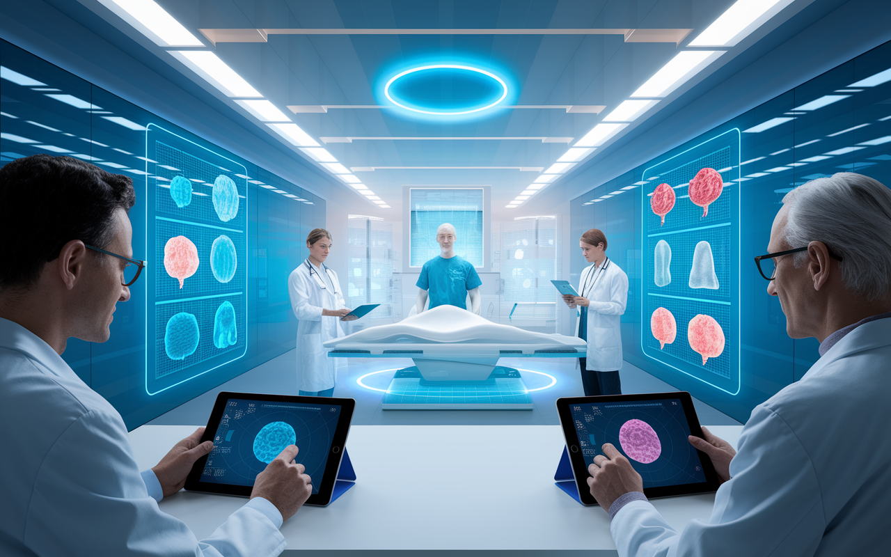 A visionary scene depicting the future of healthcare with advanced 3D printing technologies. In a sleek, modern clinic, doctors use tablets to design custom medical solutions, while patients are shown receiving personalized treatment. The atmosphere is bright and optimistic, highlighted by holographic displays of 3D-printed medical devices and tissue models.