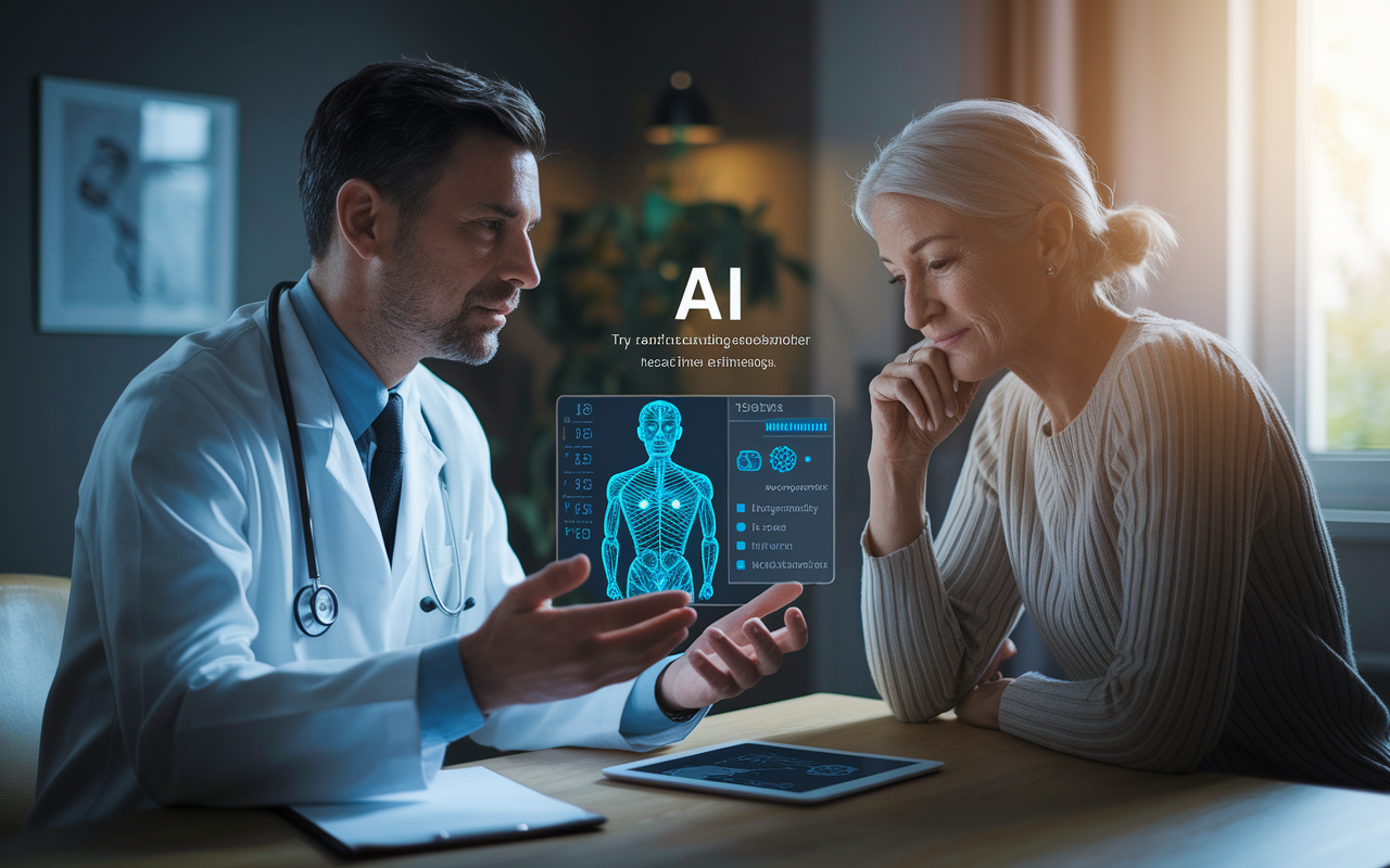 A thoughtful scene in a consultation room where a doctor explains AI technology to a patient, using visual aids such as a tablet showing algorithmic decision-making. The patient appears engaged yet contemplative, illustrating the complexities of understanding AI in healthcare. The room is warmly lit, creating an atmosphere of trust and openness.