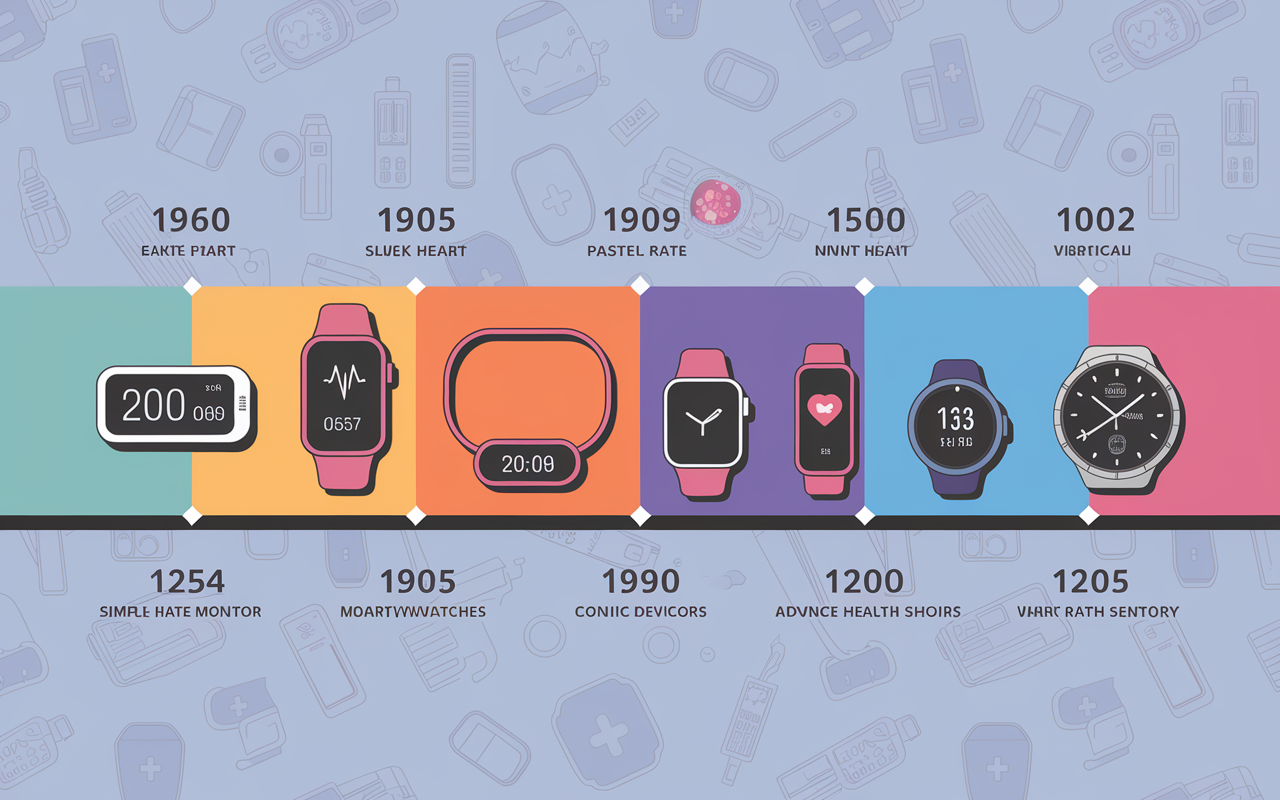 A timeline image illustrating the evolution of wearable technology in healthcare from the late 1960s to modern times. Each era depicted with iconic devices, starting with a simple heart rate monitor and transitioning to sleek smartwatches and advanced health sensors. Vivid colors mark the years, such as a pastel hue for the 60s and vibrant shades for the 21st century. The background is a faint medical-themed pattern, creating a cohesive thematic flow. The overall style is modern and visually engaging, emphasizing progression and innovation.