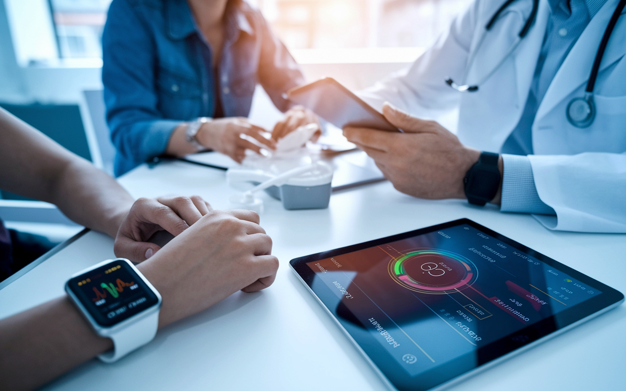 A dynamic scene depicting various applications of wearable technology in healthcare. In a bright, modern clinic, a doctor reviews data from a patient's smartwatch showing their heart rate and glucose levels on a tablet. Nearby, a patient is using a Continuous Glucose Monitoring device, with a clear display of real-time data. The environment feels professional yet inviting, highlighting interactivity between patients and advanced technology. Warm lighting enhances the focus on the devices, with a futuristic aesthetic that illustrates the integration of wearables in medical practice.