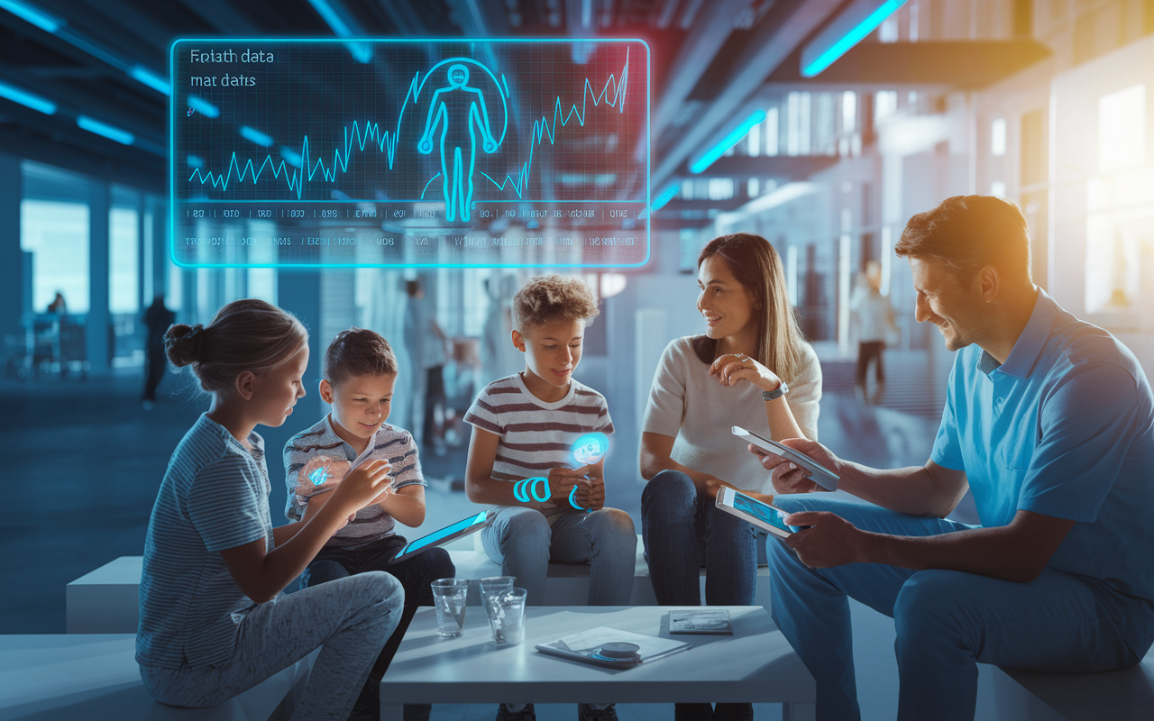 An imaginative scene showing the future of wearable technology in medicine. In an open, sleek healthcare environment, advanced wearables are seamlessly integrated into everyday life. A family is depicted engaging with various smart devices; children wearing health tracking smart bands while adults check health metrics on handheld tablets. A vivid hologram displays health data trends above them. The atmosphere is a blend of warmth and futuristic technology, illustrating a world where wellness monitoring is intuitive and part of daily routine. Soft, bright lighting conveys hope and innovation.