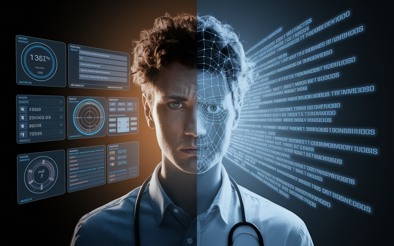 A conceptual image illustrating the challenges of wearable technology in healthcare. On one side, a person looks concerned about data privacy while surrounded by digital interfaces displaying health metrics. The other side shows a healthcare provider overwhelmed with data streams coming from multiple wearables, signifying the need for decision-support systems. The lighting is dramatic, emphasizing the duality of innovation and concern, with shadows and bright highlights creating a compelling visual narrative on the challenges faced in this evolving field.