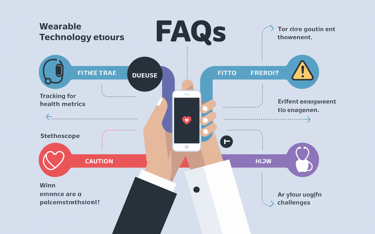 An informative visual representation of FAQs regarding wearable technology in healthcare. The image features an engaging infographic layout with icons representing different questions (e.g., fitness tracker for tracking health metrics, stethoscope for patient engagement, and a caution sign for challenges). The colors are bright and appealing, with a minimalist design that facilitates easy comprehension. The background is light to enhance visibility, showcasing how wearables are an essential part of modern healthcare conversations.