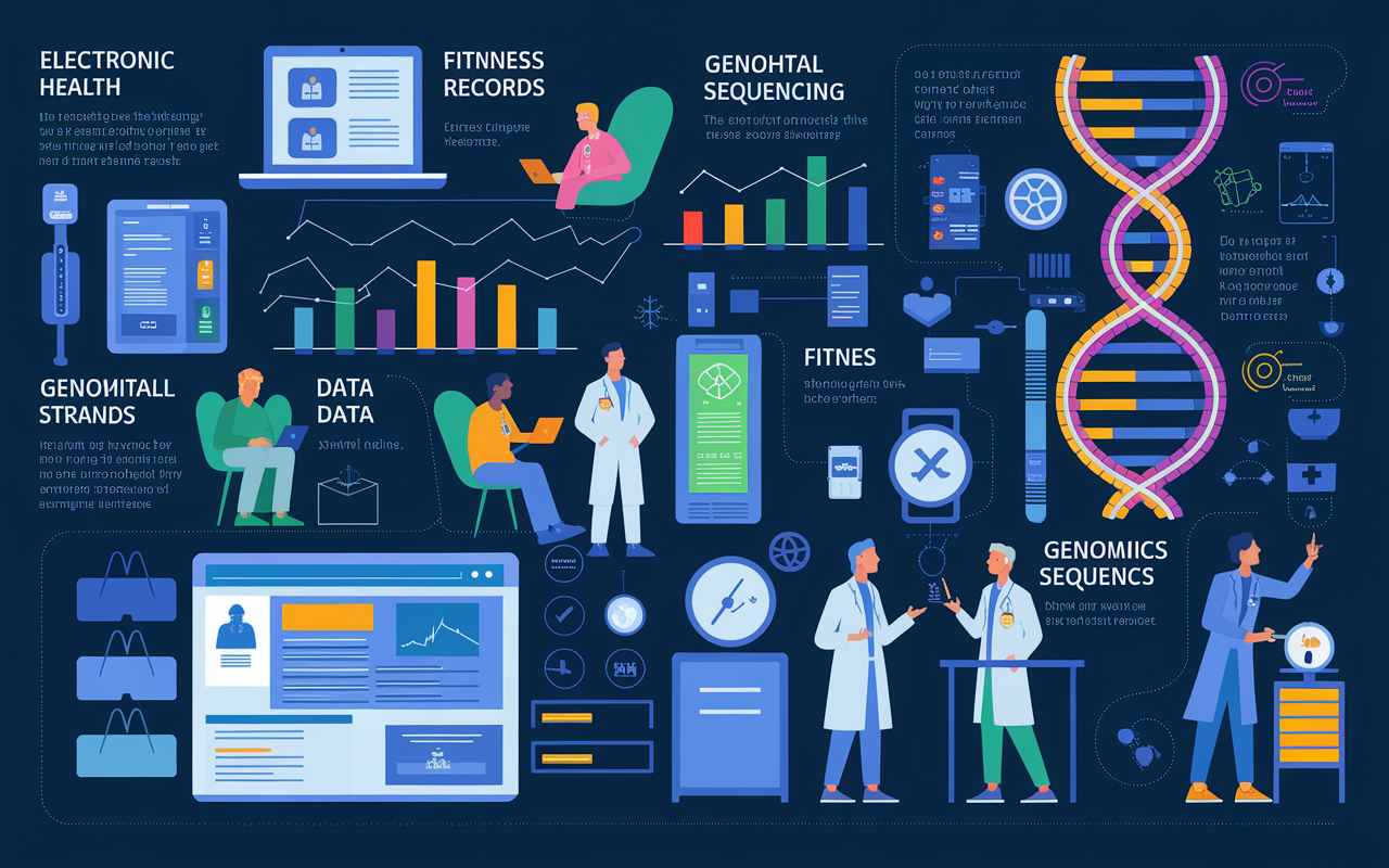 A detailed infographic showcasing various sources of big data in healthcare. Features include electronic health records on a laptop, patients using wearable technology like fitness trackers, and genomic sequencing represented by colorful DNA strands. Each element is distinctively highlighted, emphasizing the variety of data sources in vibrant colors. The backdrop is a modern hospital setting, with doctors and patients interacting, creating a dynamic representation of how data influences healthcare today.