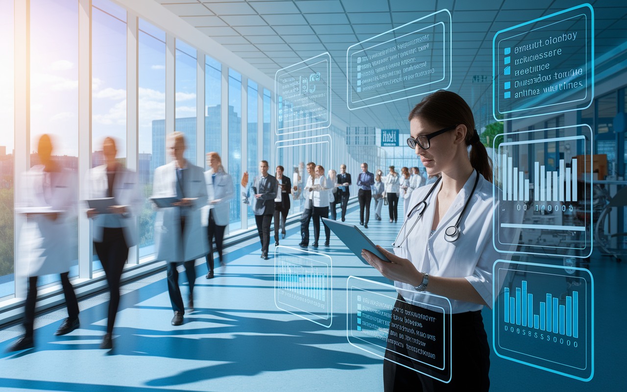 A vibrant hospital environment showcasing operational efficiency driven by big data. Healthcare professionals analyze data on digital tablets while coordinating workflows on interactive screens. The background features staff moving seamlessly through a busy hospital, illustrating dynamic patient care with minimal wait times. Bright, natural lighting streams in through large windows, creating an inviting atmosphere of teamwork and collaboration.