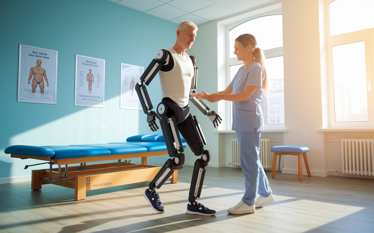 A detailed scene depicting a rehabilitation session where a patient in an exoskeleton takes steps with the help of a therapist. The bright rehabilitation room has motivational posters on the walls, and large windows allowing natural sunlight to brighten the space. The patient shows determination while a therapist provides encouragement, creating a sense of hope and progress.