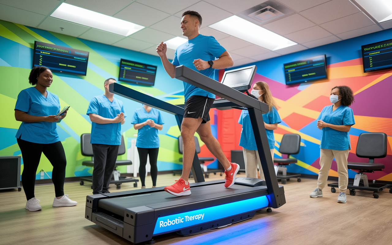 An athletic patient using a robotic treadmill in a well-equipped therapy room, surrounded by therapists who provide support and encouragement. The treadmill is adorned with screens showing real-time data on performance. The atmosphere is motivating with bright lighting and vibrant colors, depicting a sense of dedication towards recovery.