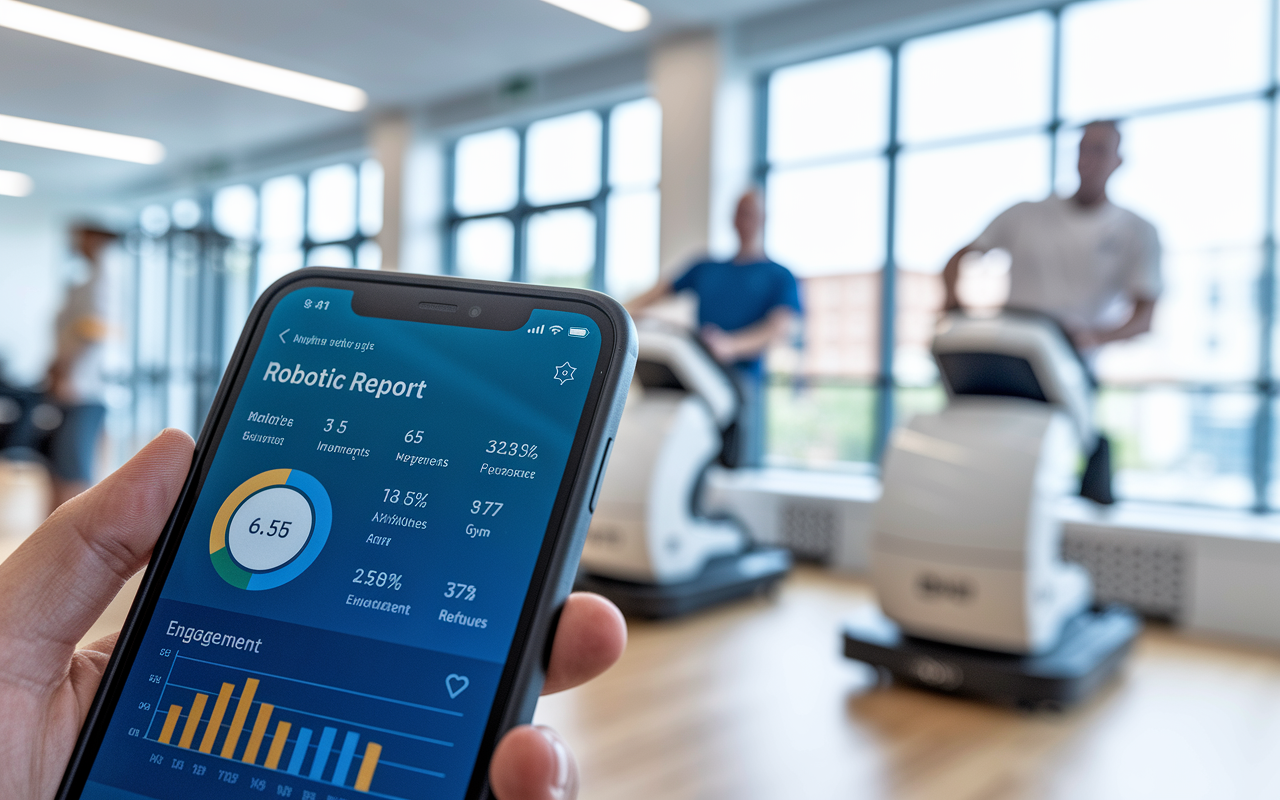 A close-up scene of a smartphone or tablet displaying the progress report of a patient undergoing robotic rehabilitation. The interface shows detailed analytics of movements, improvements, and engagement metrics. The background features a bright rehabilitation gym where patients work with robotic devices, signifying advancement in therapy.