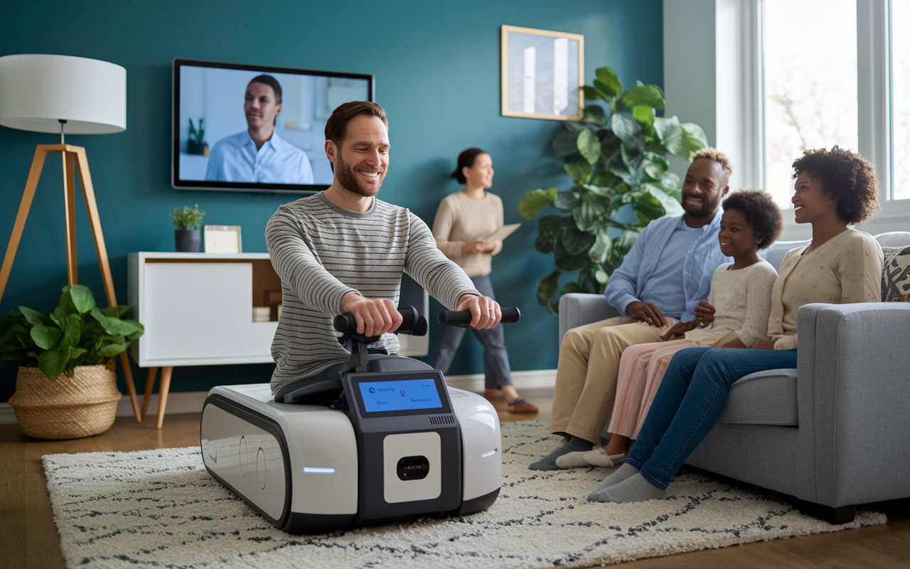 A patient at home participating in telehealth rehabilitation using a robotic device, with a therapist visible on a screen guiding the session. The room is cozy and modern, with family members providing support in the background, conveying a sense of community and accessibility in rehabilitation.