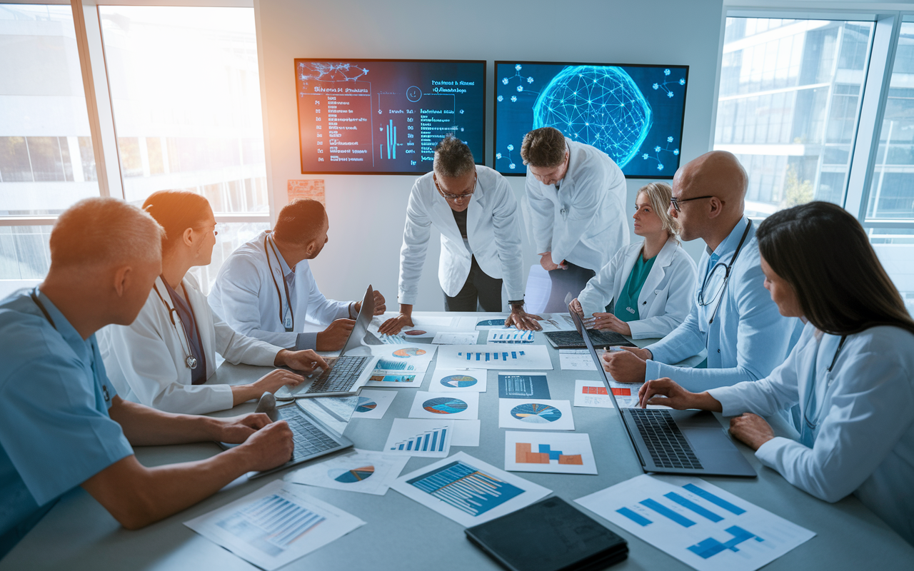 An energetic meeting room with healthcare professionals brainstorming around a large table. Charts, graphs, and patient data are scattered across the table, with AI-driven diagnostic software displayed on laptops and screens in the background. The room is filled with a sense of teamwork and innovation, featuring modern decor and bright, natural light streaming through large windows. Expressions of focus and passion on the individuals’ faces highlight their commitment to improving healthcare through technology.