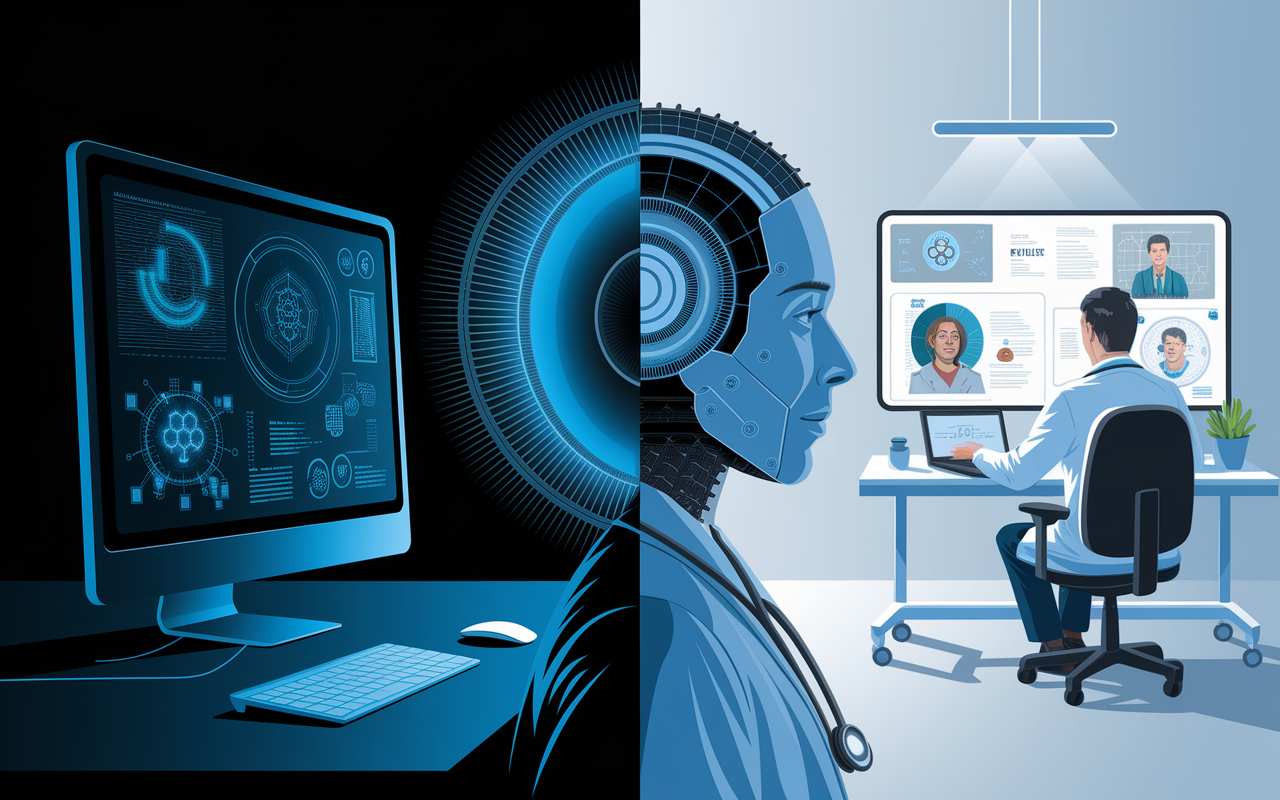 A split-screen view demonstrating AI technologies in healthcare—on one side, a glowing computer screen filled with data analytics and pattern recognition algorithms, on the other, a doctor examining patient charts with AI insights displayed. The environment is sleek and modern, emphasizing the advanced capabilities of AI that enhance patient care. The blending of digital and clinical elements creates a striking representation of the future of healthcare.