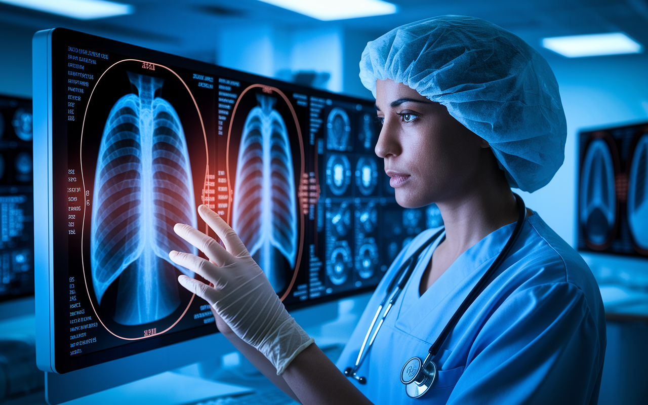 A medical professional in a radiology department using a high-tech AI interface to analyze an X-ray. The image shows detailed overlays highlighting specific areas of concern with glowing outlines and data analytics floating around, emphasizing the advanced technology’s precision. The atmosphere feels dynamic and focused, with monitors displaying real-time data and an expression of concentration on the healthcare worker’s face.