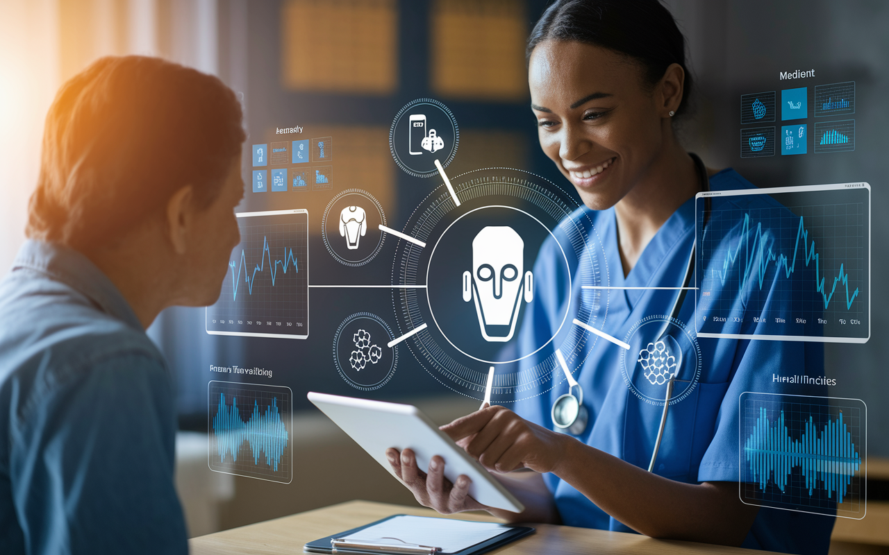 A compassionate healthcare professional consulting with a patient while interacting with an AI interface on a tablet. The scene captures a harmonious blend of advanced technology and human empathy, showcasing the importance of human oversight in patient care. The background includes medical charts and AI analytics, emphasizing collaboration in decision-making. Warm lighting creates an inviting atmosphere, highlighting the personal touch in modern healthcare.