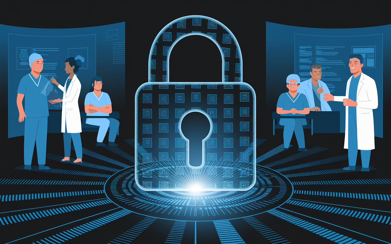 A visual representation of enhanced data security in healthcare using blockchain. An illustration of a digital lock symbolizing encryption overlaying a glowing, decentralized ledger filled with patient records. Background showing healthcare professionals confidently interacting with patients, emphasizing trust and security. Dim lighting creates an air of seriousness, focusing on the importance of data protection in medicine. The scene represents the digital landscape of healthcare evolving securely.