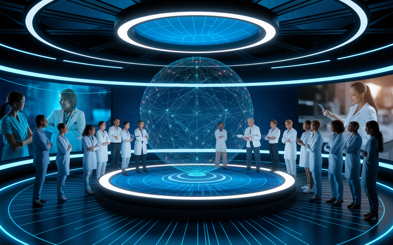 A visionary scene depicting the future of healthcare integrating blockchain technology. A diverse team of healthcare professionals are gathered around a large, interactive display showing an interoperable health ecosystem with live data flowing seamlessly among various healthcare entities. Bright, optimistic lighting bathes the futuristic environment, showcasing technology and patient empowerment. Scenes of patients engaging with their health data on wearable devices culminate the vision of personalized, data-driven care.