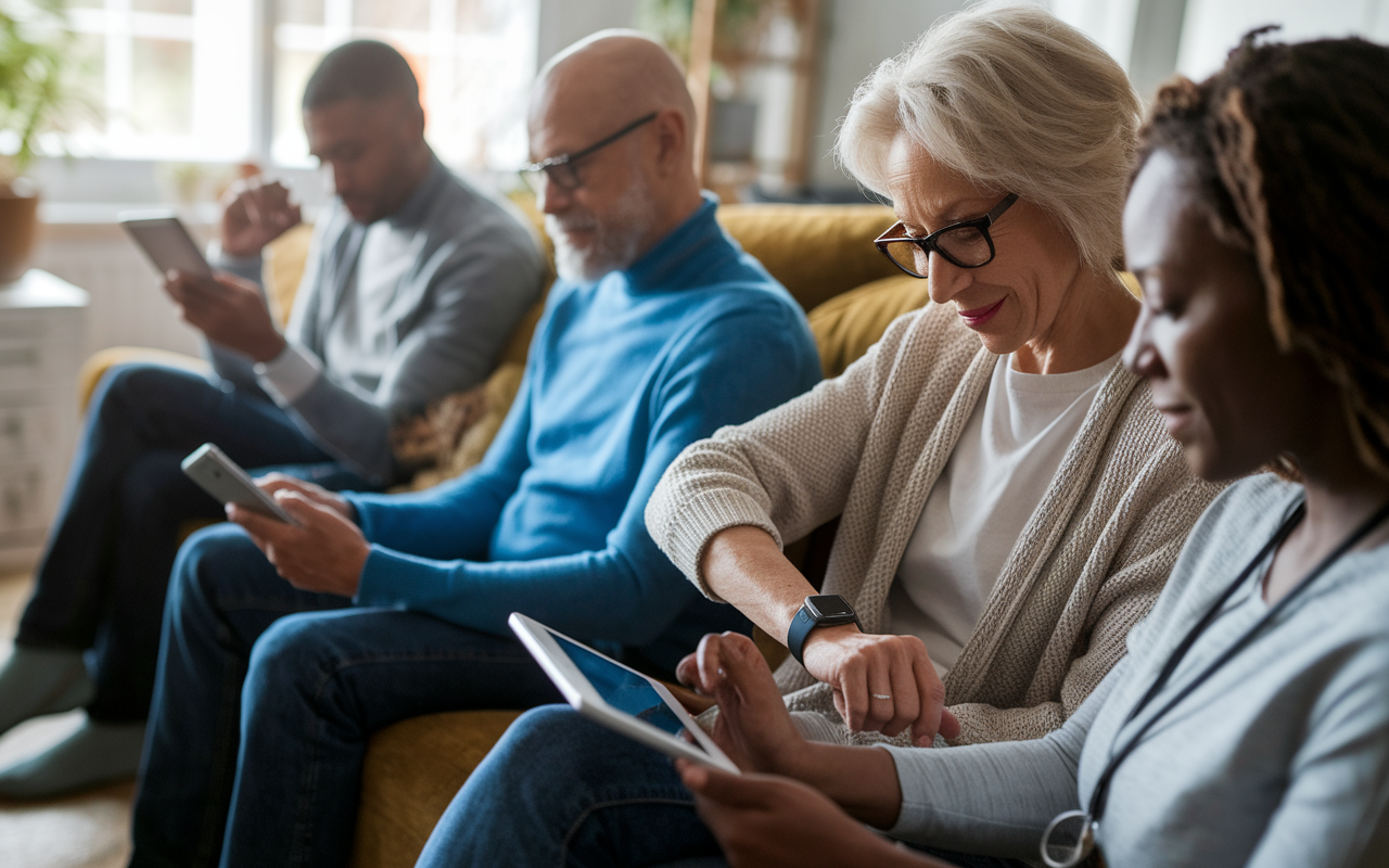 A diverse group of patients interacting with digital health monitoring applications on their smartphones and tablets in a cozy home setting. One individual measures their heart rate with a smartwatch, while another reviews health data on a tablet with a look of engagement and understanding. The scene emphasizes empowerment and technology's role in personal health management, bathed in warm, inviting daylight.