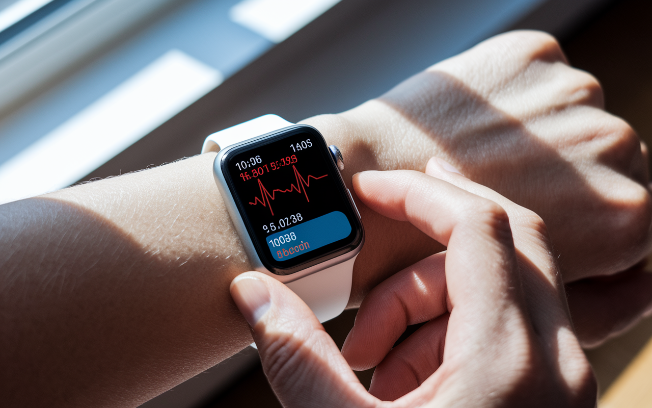 A close-up image of a sleek smartwatch displaying real-time health metrics like heart rate and blood oxygen levels on its screen. The watch is worn by a patient with a thoughtful expression, reflecting their engagement with their health data. Sunlight streams in through a nearby window, illuminating the device and highlighting the advanced technology it embodies.