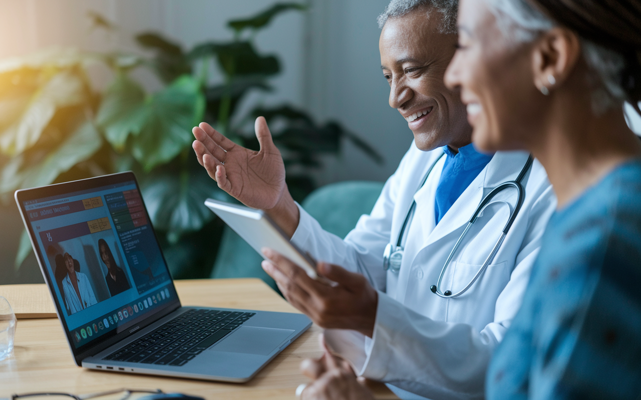 A healthcare provider engaging with a patient via telehealth on a modern laptop. The scene reflects warmth and connection as the doctor discusses patient health data displayed on the screen, while the patient appears engaged and informed. The environment features elements of home healthcare, like a calming green plant and a cozy chair, adding to the atmosphere of care and wellness.