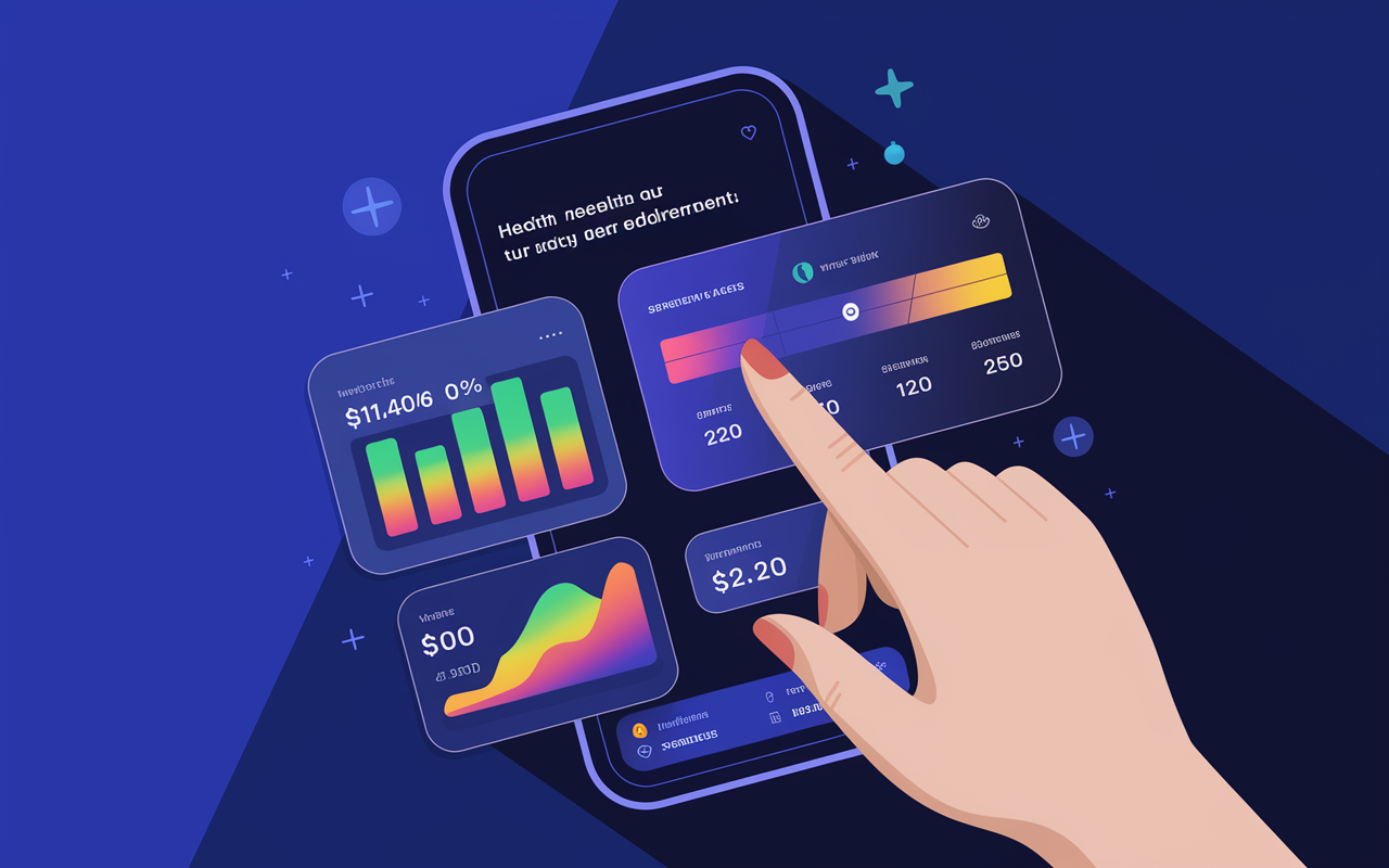 An elegant digital interface displaying health metrics through an easy-to-navigate mobile application. The app shows colorful graphs, vital statistics, and interactive features that encourage user engagement. A hand gently touches the screen, embodying simplicity and user-friendliness, illuminated with bright, encouraging colors to evoke a sense of empowerment.