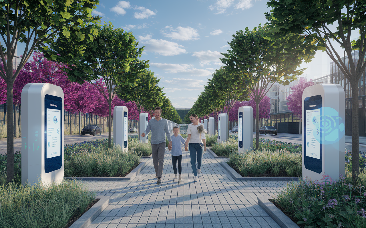 A future city with a blend of nature and technology, emphasizing the harmony of advanced healthcare solutions. Visualize a family enjoying outdoor activities wearing health-monitoring devices that seamlessly integrate with their environment. Smart health kiosks provide access to instant health data and consultations. The scene is vibrant with greenery, bright spaces, symbolizing a healthy, connected lifestyle supported by innovative healthcare technology.