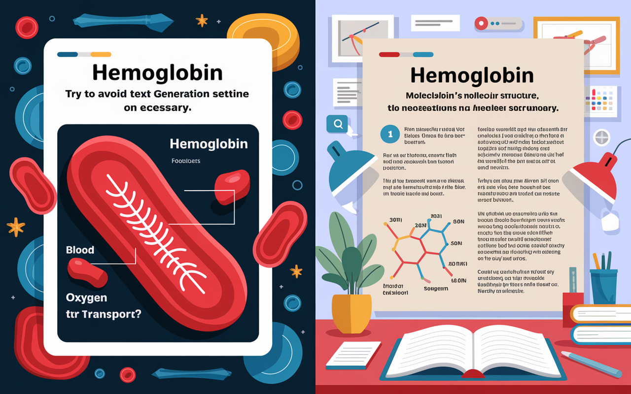 A split scene illustrating two types of biology questions. On the left, a bright and engaging discrete question format showing a standalone question about hemoglobin with a colorful illustration of red blood cells and oxygen transport. On the right, a passage-based question example highlighting a scientific article on hemoglobin's molecular structure, accompanied by related diagrams and analytical symbols, in a well-lit academic setting.