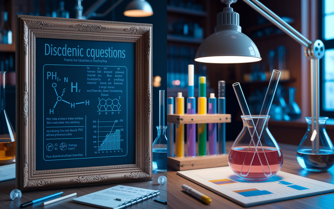 A dynamic visual representation of two types of questions from the chemistry and physics section. On the left, a discrete question framed in an academic context, showing a pH calculation problem with chemical equations and laboratory settings. On the right, a passage-based question derived from an enzyme kinetics experiment, with graphical data, charts, and a focus on analytical skills illuminated by practical lab lighting.