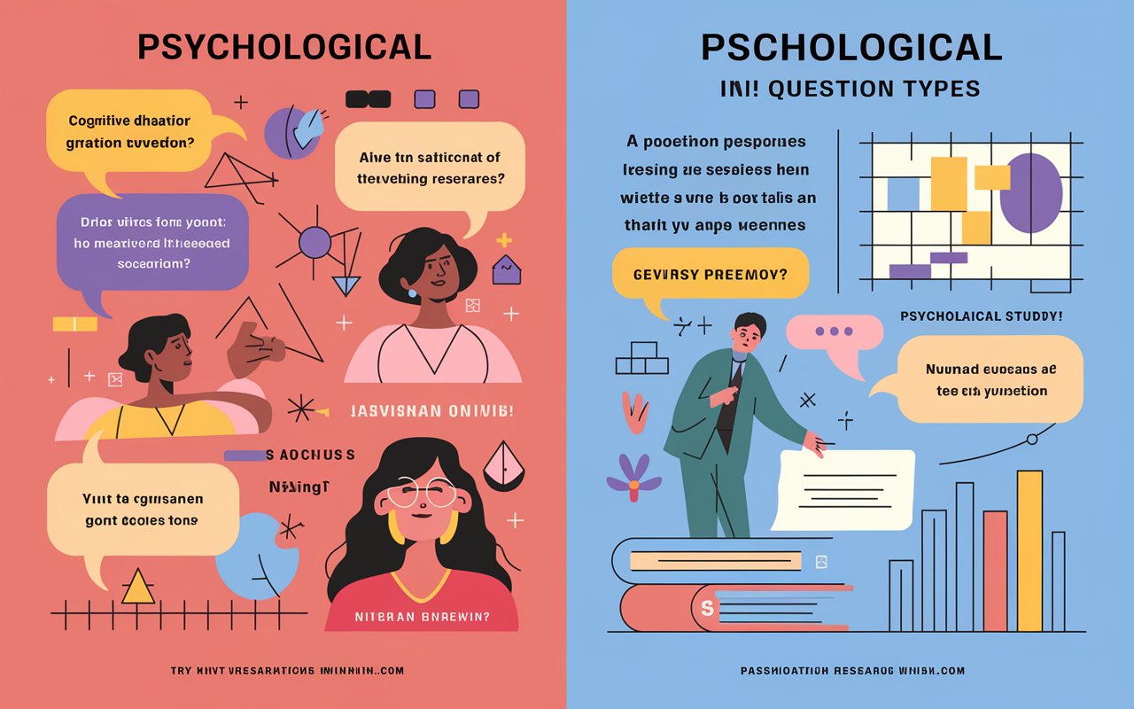 An illustrative comparison of psychological and sociological question types. On the left, a discrete question exploring cognitive dissonance with vibrant illustrations of human behavior and interactive scenarios. On the right, a passage-based question discussing a psychological study, featuring graphs and behavioral responses, all set in an academic research environment with a focus on critical thinking.