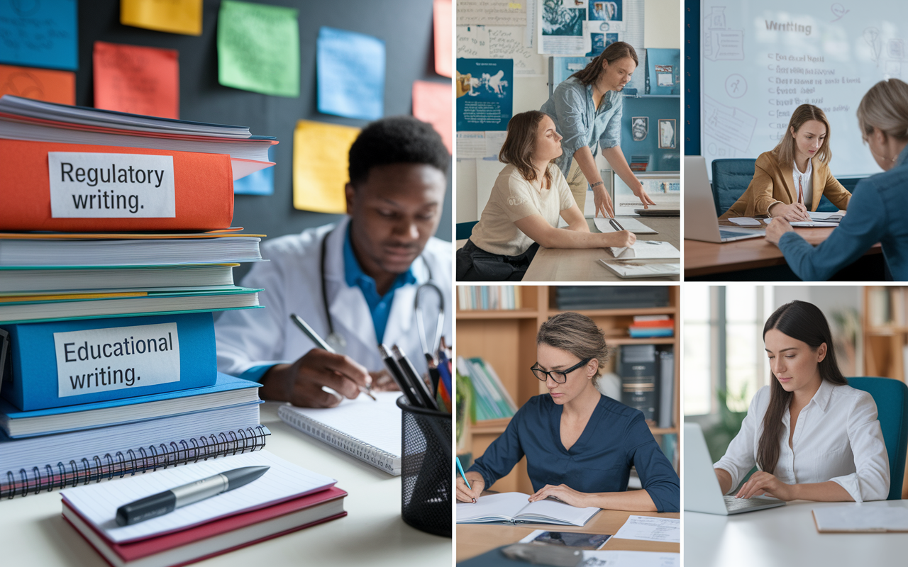 An inspiring collage of various types of medical writing activities. The image features a busy medical writer at a desk with stacks of papers labeled 'Regulatory Writing,' 'Scientific Writing,' and 'Educational Writing.' In the background, a participant in a workshop is seen taking notes, while another writer hunches over a journal, typing away. The setting is a vibrant health communication office filled with educational posters, a whiteboard displaying writing techniques, and soft lighting enhancing the collaborative atmosphere.