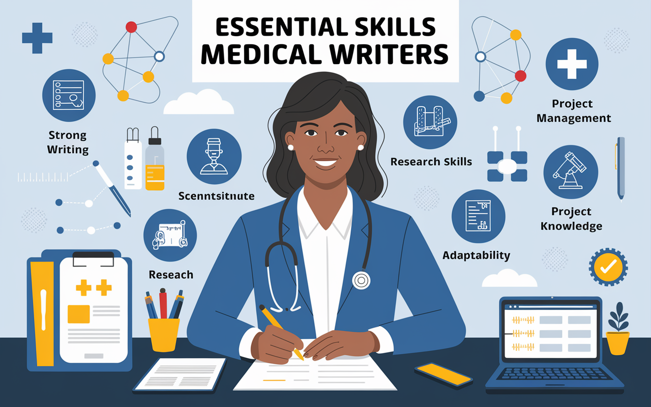 A detailed infographic showcasing essential skills for medical writers. Front and center is a confident medical writer illustrating key skills: Strong Writing, Scientific Knowledge, Research Skills, Adaptability, Project Management, and Regulatory Knowledge, each represented with unique icons (e.g., a pen for writing skills, a microscope for scientific knowledge). The backdrop includes elements like molecular structures, medical charts, and writing tools, visually blending expertise with creativity.