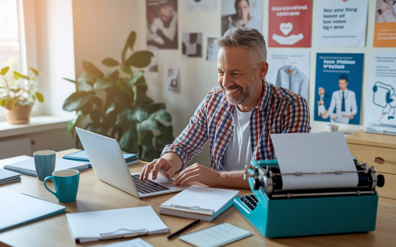 A vibrant setting depicting a freelance medical writer at a cozy home office. The writer, a middle-aged man in a relaxed atmosphere, works on a laptop, surrounded by coffee mugs, medical books, and inspiring health-related posters. Natural light floods the space, creating a warm ambiance. On the desk, scattered papers and notes hint at ongoing projects, while a vintage typewriter symbolizes a blend of classic and modern writing methods.