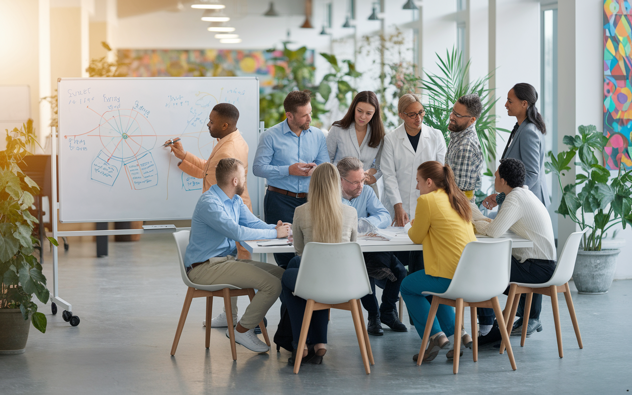 A diverse group of healthcare consultants collaborating in a bright, open office space filled with modern furniture. They are brainstorming ideas around a large whiteboard with colorful diagrams and charts. The scene conveys a sense of teamwork and innovation, with plants and art on the walls adding vibrancy. Soft, warm lighting enhances the collaborative and engaging atmosphere.