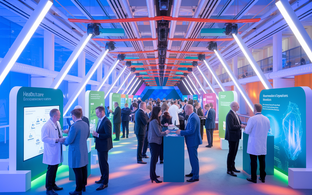 A vibrant professional conference in a modern hall, with physicians and healthcare consultants engaged in conversations, exchanging business cards and ideas. Booths with informational displays showcase healthcare innovations. The atmosphere is lively and dynamic, filled with bright lighting and colorful decorations that enhance the theme of collaboration and growth in the healthcare consulting field.