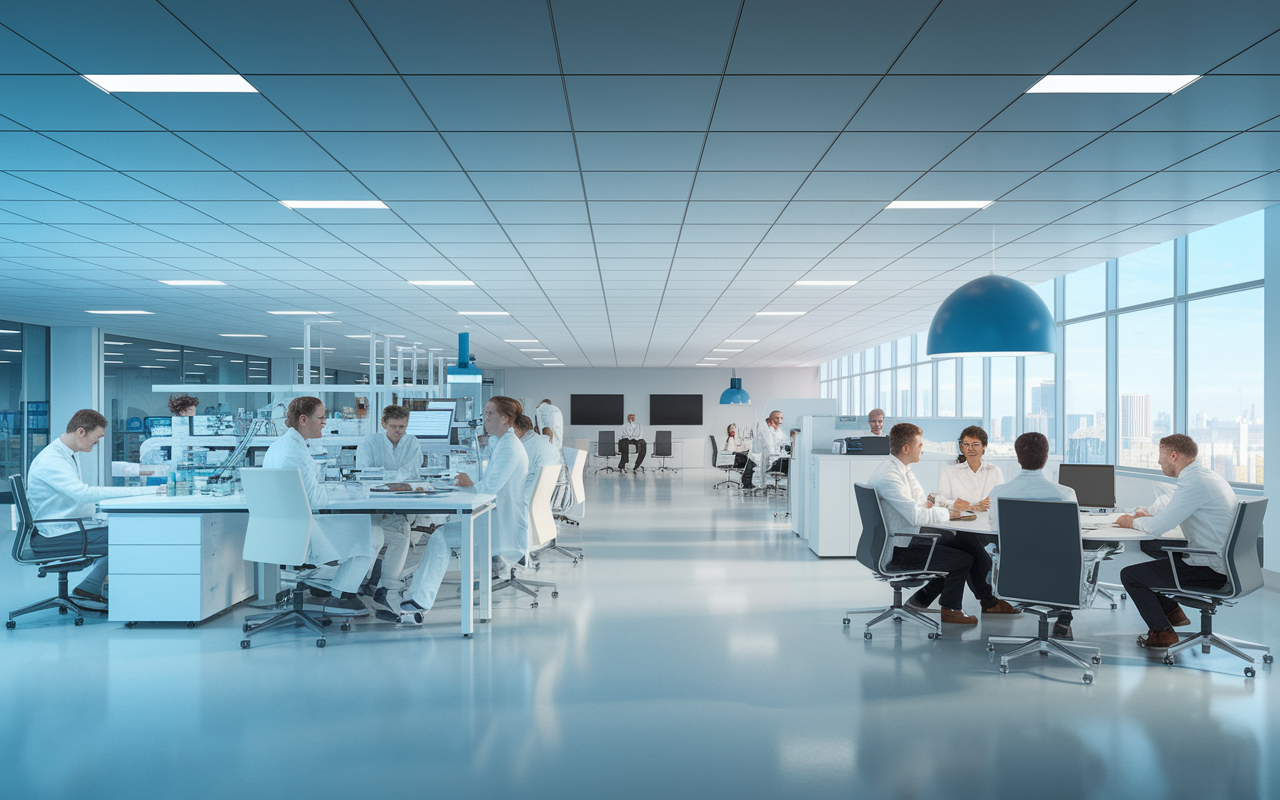 A panoramic view of a modern pharmaceutical facility showcasing the various aspects of the industry, including research labs, manufacturing units, and office spaces. The image captures scientists working collaboratively in a lab, technicians operating machinery in the manufacturing department, and marketing teams brainstorming in a creative conference room. Bright, professional lighting emphasizing a clean, high-tech ambiance. This scene embodies the intersection of science and business in the pharmaceutical landscape.