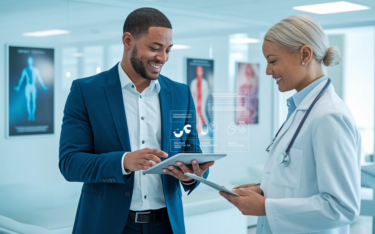 A pharmaceutical sales representative engaging with a healthcare provider in a bright, modern clinic setting. The representative, dressed in professional attire, is showing a digital presentation on a tablet, highlighting drug benefits while the doctor examines a patient file. The atmosphere is dynamic and professional, with medical posters in the background and a friendly exchange illustrating the importance of effective communication in sales.