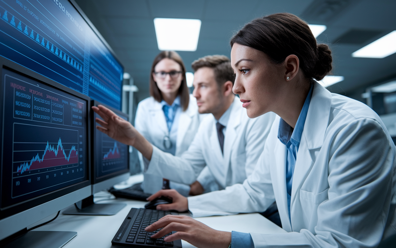 A clinical research associate in a lab environment closely monitoring a clinical trial. The scene shows her reviewing participant data on a computer screen while discussing results with research team members. Charts and graphs are visible on the wall displaying trial progress. The lighting is bright and focused, creating an atmosphere of diligence and thoroughness, emphasizing the importance of accuracy in clinical research.