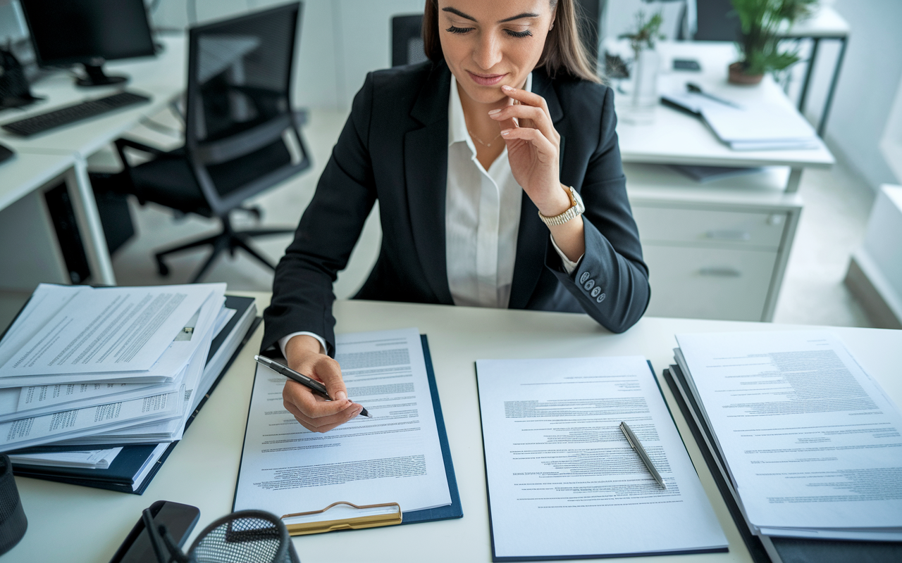 A regulatory affairs specialist in an office, surrounded by regulatory documentation and compliance guidelines. She is on a video call with a regulatory agency representative, discussing important product applications and compliance checks. The setting has a professional and organized appearance, with clear desks and documents, reflecting the meticulous nature of regulatory work.