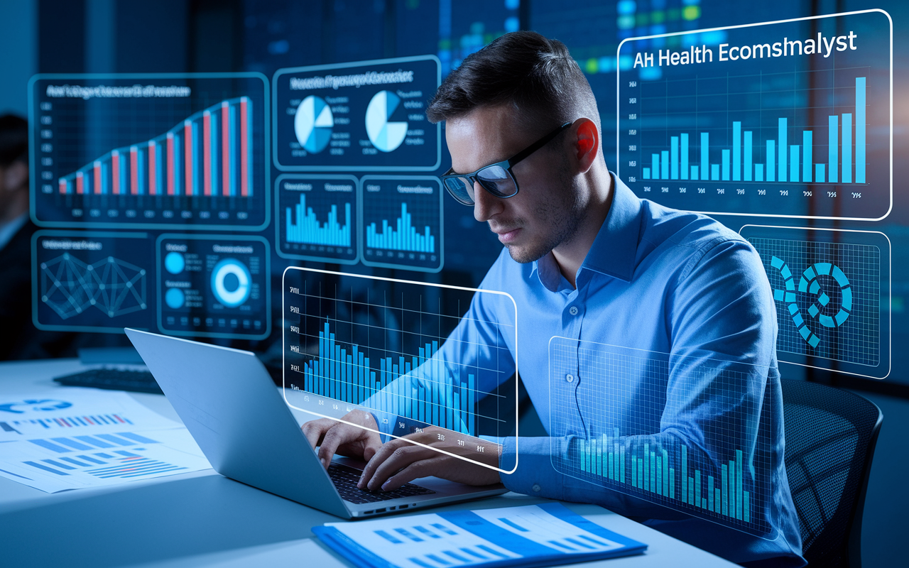 A health economics analyst immersed in data analysis, working on a laptop with various health statistics displayed on multiple screens around him. The environment is tech-savvy with visual data representations like graphs and charts on digital boards. The lighting is bright and conducive to deep focus, showcasing the analytical and strategic nature of the HEOR role.